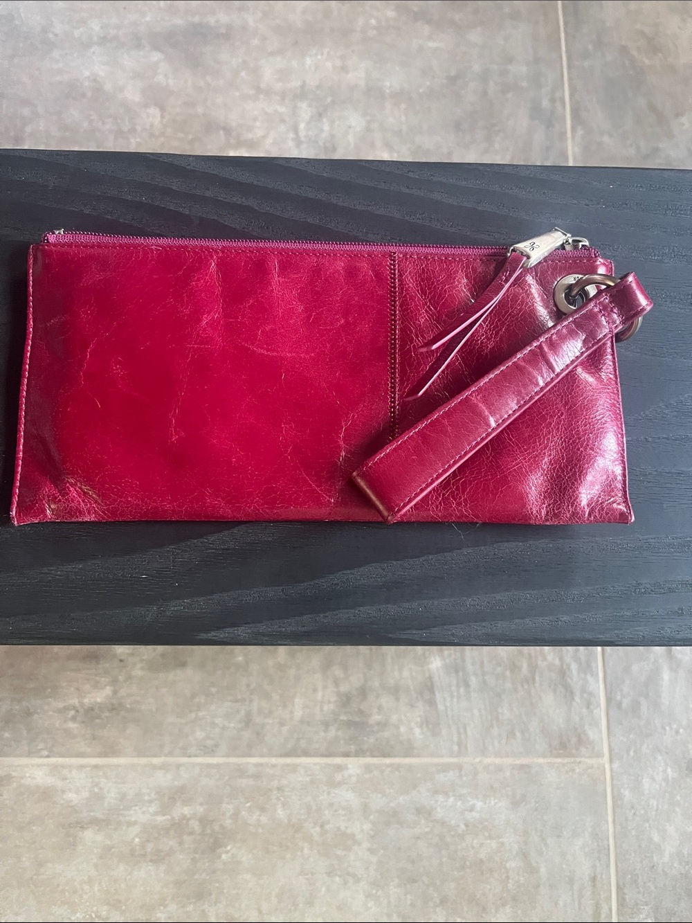 HOBO Vida Wristlet Leather Zip Closer Wrist Strap Burgundy Silver Hardware